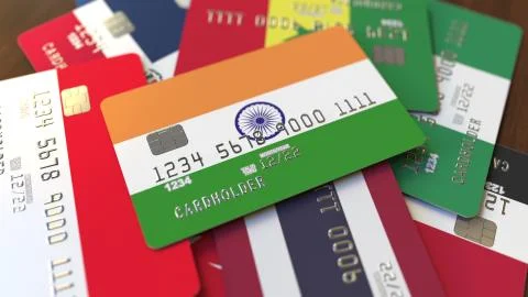 Many credit cards with different flags, emphasized bank card with flag of India Stock Illustration