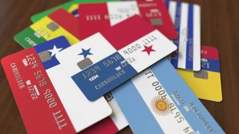 Many credit cards with different flags, emphasized bank card with flag of Panama Stock Illustration