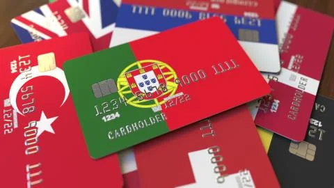 Many credit cards with different flags, emphasized bank card with flag of Stock Illustration