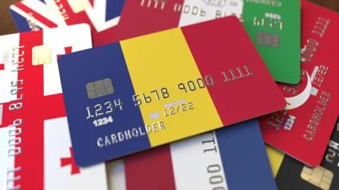 Many credit cards with different flags, emphasized bank card with flag of Stock Illustration
