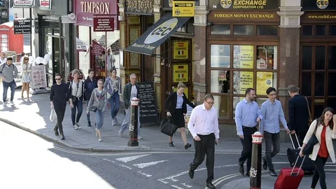 Many crowd crowded people, walking on Fleet street in London, UK Stock Footage 96716608