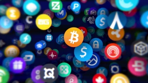 Many crypto coin falling technology, Science Technology hi tech background Stock Footage 336443595