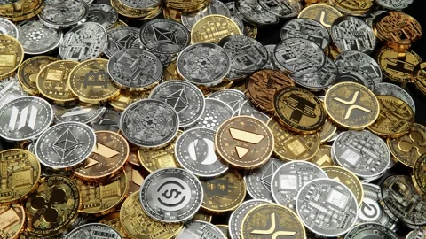 Many crypto coins from upper camera. Stock Footage 220737061