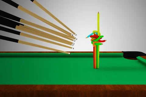 Many cue sticks aiming to hitting a colored pencils turns into a straight yel Stock Illustration