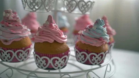 Many cupcakes spin on table Stock Footage 128757849