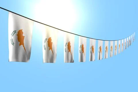 Many Cyprus flags hangs diagonal on rope on sky with bokeh - flag Stock Illustration
