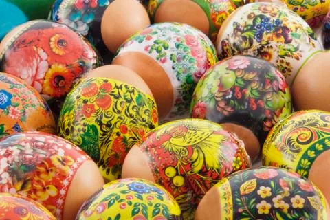Many decorated different easter eggs background Stock Photos