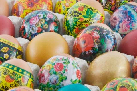 Many decorated different easter eggs background Stock Photos