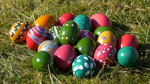 Many decorated easter eggs on grass Stock Footage 73462487