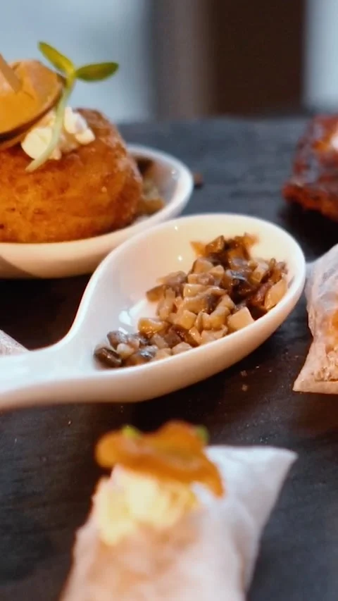 Many delicious dishes on the festive table, close-up Stock Footage 304515923