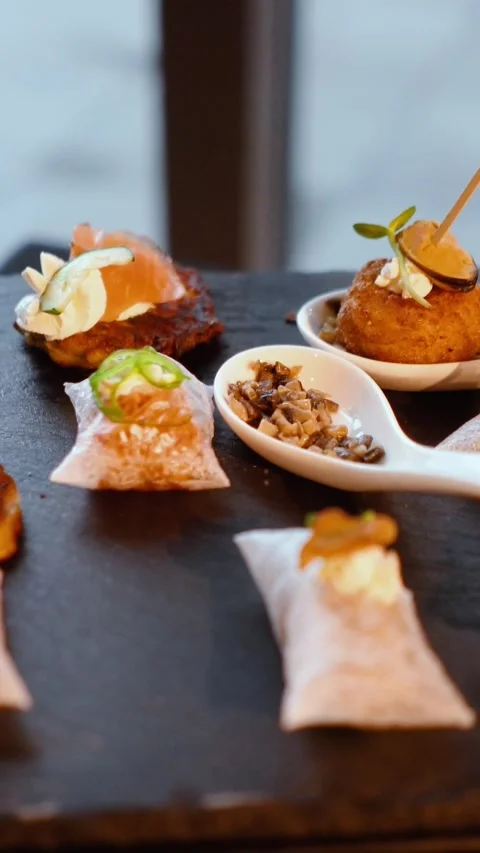 Many delicious dishes on the festive table, close-up Stock Footage 304518005