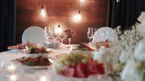 Many delicious dishes on the festive table, close-up Stock Footage 322563564