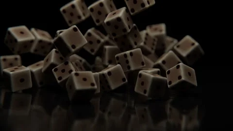 Many Dice cubes falling on a wooden table with reflective surface Stock Footage 253561099