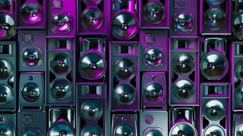 Many different acoustic systems covering the entire wall in neon lighting Illustrazione stock