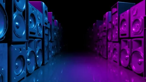 Many different acoustic systems left and right in neon lighting Stock Footage 283555780