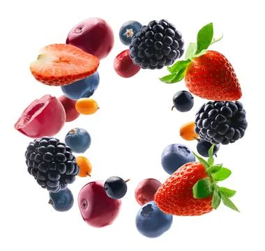 Many different berries in the form of a frame on a white background Stock Photos