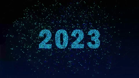 Many different blue and green fireworks and the inscription 2023 Stock Footage 211430803