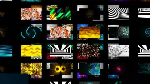 Many different bright abstract wallpapers in black space, 3d rendering Stock Illustration