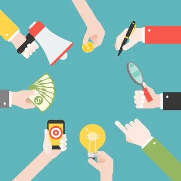 Many different business hands with different objects, such as lightbulb, magn Stockillustratie