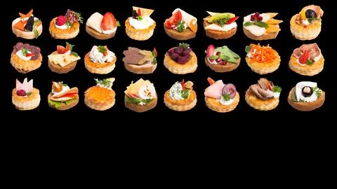 Many different canapes on a white background many different canapes on a blac 스톡 사진