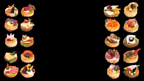 Many different canapes on a white background many different canapes on a blac Stock Photos