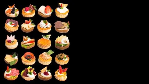 Many different canapes on a white background many different canapes on a blac 스톡 사진