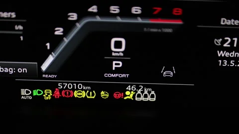 Many different car dashboard lights with warning lamps illuminated. Light symbol Stock Footage 335686855