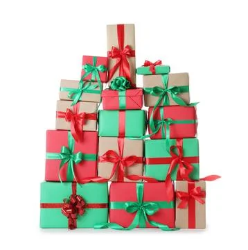 Many different Christmas gift boxes isolated on white Stock Photos