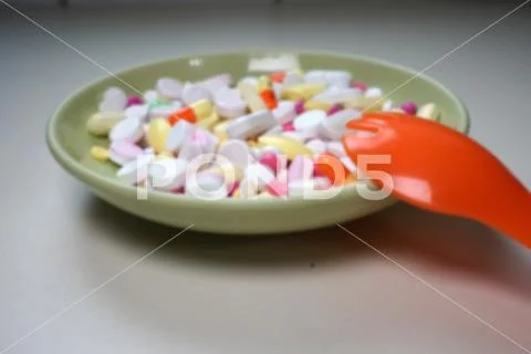 Many different color medicines. Out of focus. Stock Photos