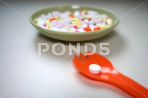 Many different color medicines. Out of focus. Stock Photos