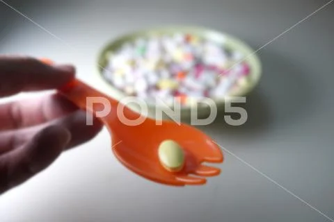 Many different color medicines. Out of focus. Stock Photos