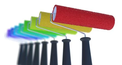 Many different colored paint rollers. 3D rendered illustration. Foto stock