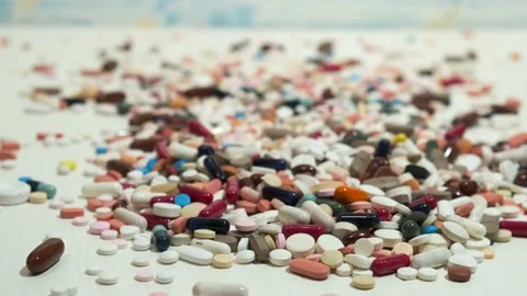 Many different colored pills are scattered on the white wooden table. Stock Footage 131330783