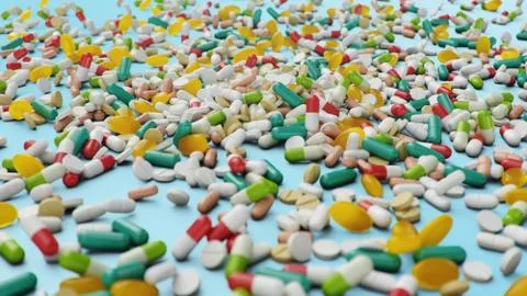 Many different colored tablets, capsules on blue background. Health care concept Stock Illustration