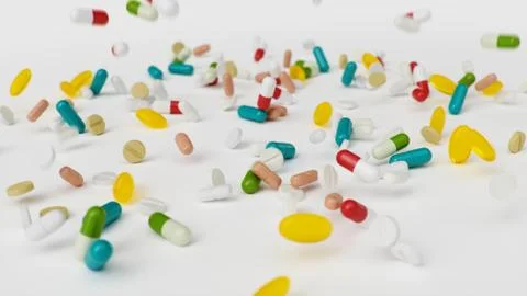 Many different colored tablets, capsules isolate on white background. Health Stock Illustration