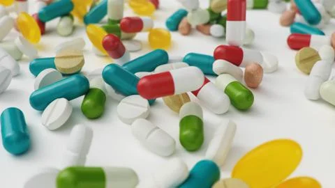 Many different colored tablets, capsules isolate on white background. Health Stock Illustration