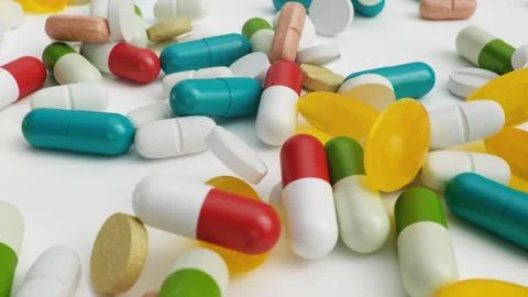 Many different colored tablets, capsules isolate on white background. Health Stock Illustration