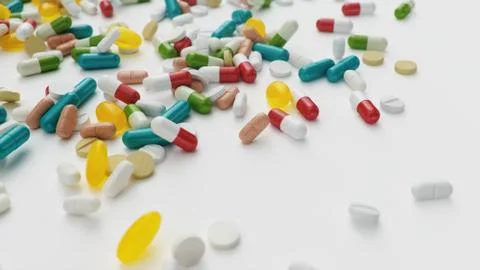 Many different colored tablets, capsules isolate on white background. Health Stock Illustration