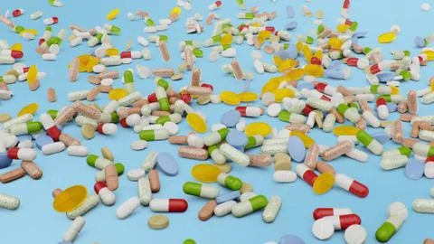 Many different colored tablets, capsules on blue background. Health care concept Stock Illustration