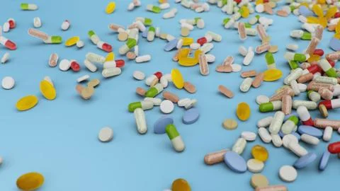 Many different colored tablets, capsules on blue background. Health care concept Stock Illustration