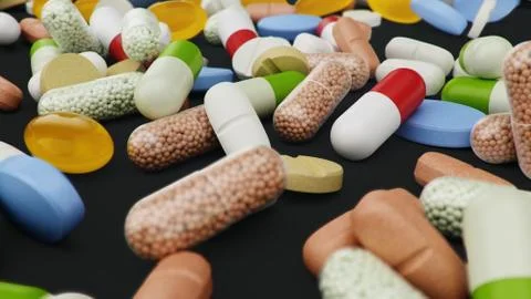 Many different colored tablets, capsules on black background. Health care Stock Illustration