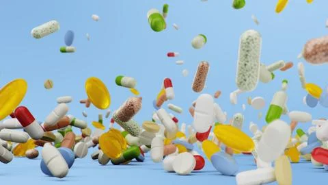 Many different colored tablets, capsules on blue background. Health care concept Stock Illustration