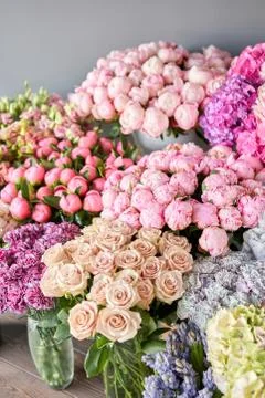 Many different colors on the stand or wooden table in the flower shop. Showcase Stock Photos