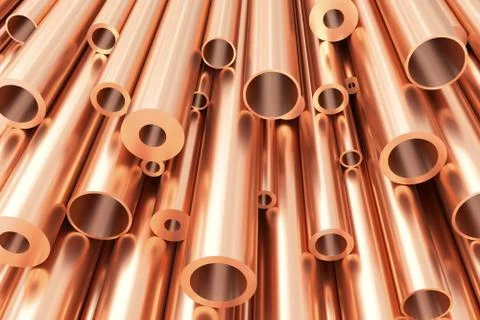 Many different copper pipes, abstract industrial background Illustrazione stock