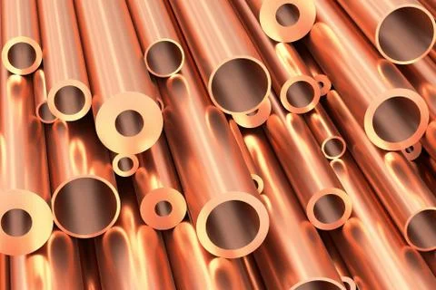 Many different copper pipes closeup, industrial background Stock Illustration