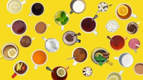 Many different cups with drinks and desserts on yellow background Stock Illustration