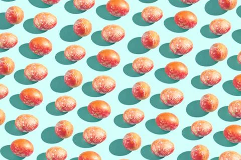 Many different eggs. Happy easter banner. Flatlay pattern 写真素材