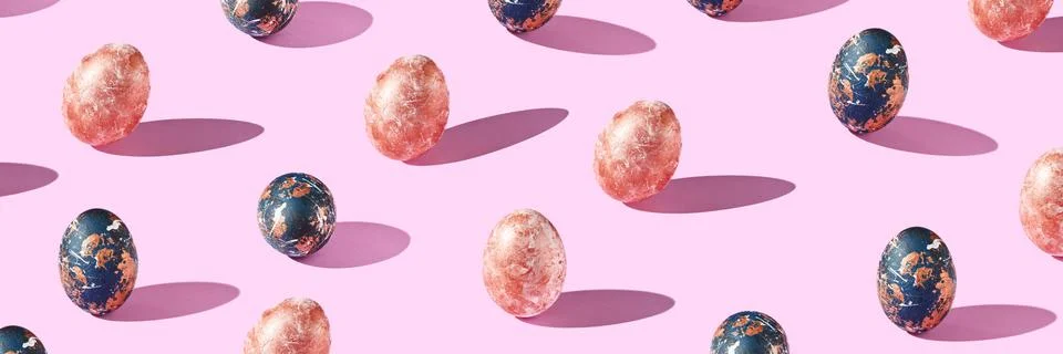 Many different eggs. Happy easter banner. Flatlay pattern Foto stock