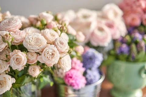 Many different flowers on Showcase. Background of mix of flowers. Beautiful Foto stock