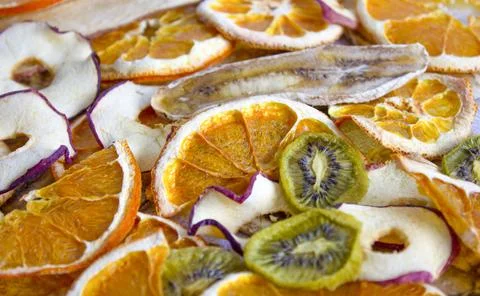 Many different fruit chips, close up.Healthy snack. Stock-Fotos